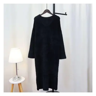 (black, One Size) Autumn And Winter New Mohair Loose V-neck Lazy Wind In The Long Paragraph Retr