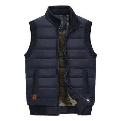 (dark blue, XXXL) Mens Jacket Sleeveless Vest Winter Male Fleece Warm Vest Coats Men Stand Colla