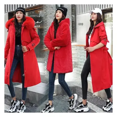 (red, L) Women Winter Jacket Hooded X-long Thick Faux Fur Padded Parkas Woman Distachable Plus S