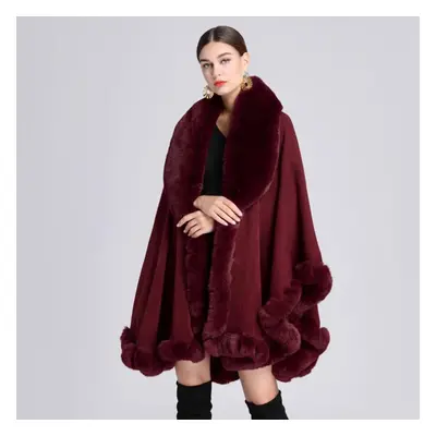 (wine red, One size) Elegant V Lapel Faux Rex Rabbit Fur Coat Cape Winter Women Big Long Shawl F