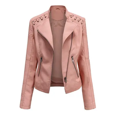 (pink, L) Women Fashion Lace-up Leather Jacket Slim Fit Spring Autumn Motorcycle Jacket Zipper J