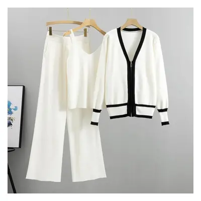 (white, One Size) Spring And Autumn Women&apos;s Knitted Set Slim Tide Knitted Cardigan Camisole