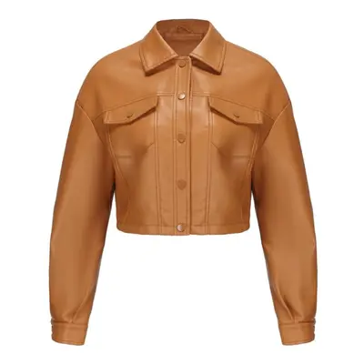 (camel, M) Women's Jackets Faux Leather Long Sleeves Single Breasted Crop Top Punk Jacket Short 