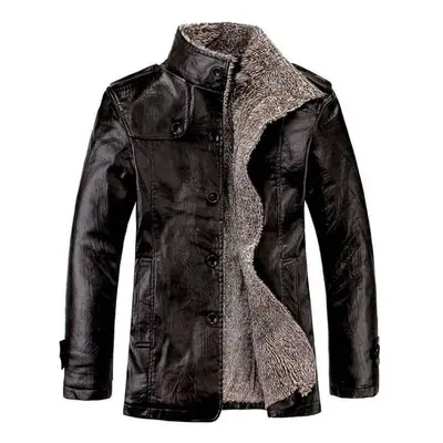 (black, L) Mens Warm Winter Overcoat Leather Fur Lined Thick Coat Cowboy Jacket Outwear