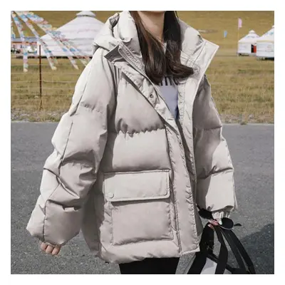 (beige, S) Winter Women Bread Cotton Down Coat With Hooded Oversized Warm Thicken Streetwear Wom