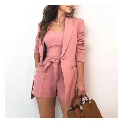 (pink, L) Tbeeeestt Women Pieces Set Tracksuit Loose Blazer & Bow Elastic Waist Short Pant Vest 