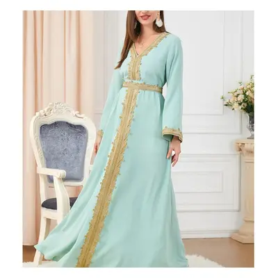 (L, blue) Robe Dress Women Embroidered Robe Dubai Turkey Islamic Robe Robe Musuman Flared Dress