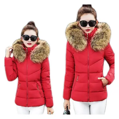 (red, M) Women Winter Warm Coat Fake Fur Collar Parka Down Solid Color Full Sleeve Long Thickeni