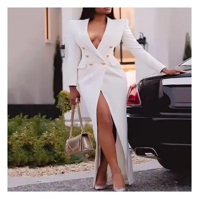 (white, L) Elegant Women Blazer Dress Suits Long Sleeve Buttons Wrap Maxi Jacket Coat Classy Fas