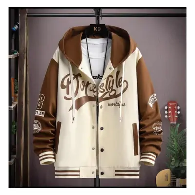 (apricot, 2XL) Hip Hop Hooded Baseball Uniform Unisex Lightweight Sportswear Jacket Men&apos;s B