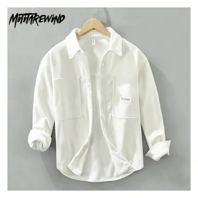 (white, L) Winter Warm Shirts For Men Daily Casual Fleece Thicken Men Clothing Lapel Collar Pure