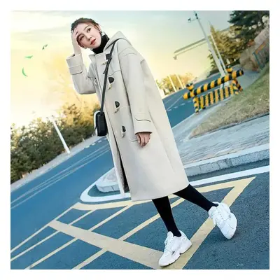 (white, XL) Horn Button Woolen Coat Women&apos;s Mid-length Autumn And Winter Quilted Thickened 