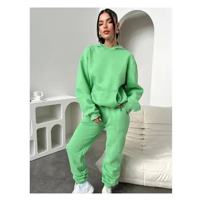 (green, S) Women&apos;s Solid Color Sweatshirt Set Autumn And Winter Long-sleeved Hooded Fleece 