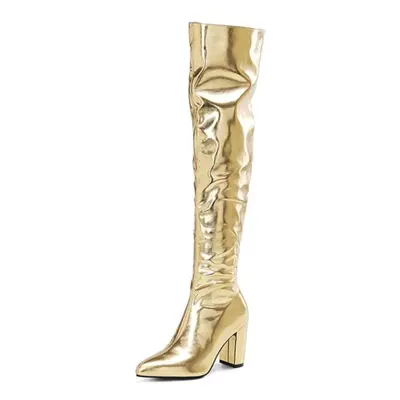 (gold, 34) Women Over-the-knee Boots Pointed Toe Chunky High Heels Zipper Pleated Long Boots Lad