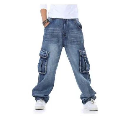 (blue, 38) New Japan Style Brand Mens Straight Denim Cargo Pants Biker Jeans Men Baggy Loose Blu