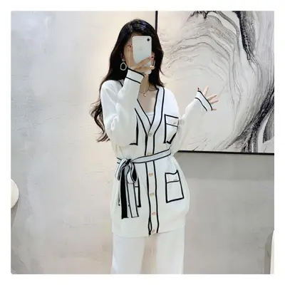 (white, L) Autumn And Winter Women&apos;s Knitted Suit Cardigan Wide Leg Pants Suit Temperament 