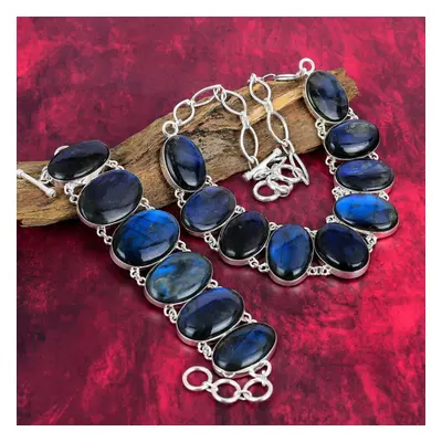 (blue, Adjustable With 8"-18") Labradorite Solid Sterling Silver Necklace & Bracelet Jewelry Set