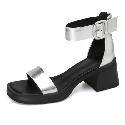 (silver, 36) Taoffen Brand Genuine Cow Leather Sandals Block Mid Heels Women Roma Sandals Open T