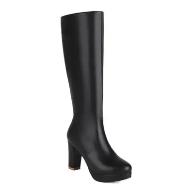 (black, 44) Annymoli Women Knee High Long Boots Round Toe Thick High Heels Zipper Platform Gogo 