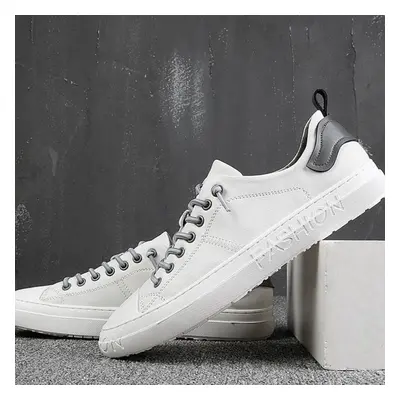 (grey, 43) 100% Genuine Leather Mens Casual Shoes Cool Young Man Street Style White Shoes Cowhid