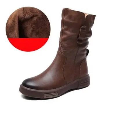 (brown, 38-Plush) Johnature Mid-calf Boots Genuine Leather Versatile Retro Round Toe Women&apos;