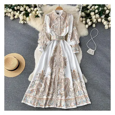 (khaki, M) Spring And Autumn Women&apos;s Dress Court Style Retro Printing Temperament Polo Coll