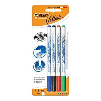 BIC Velleda Dry-Wipe Whiteboard Markers with Fine Bullet Tip, Blister Pack of 4, Assorted Colour