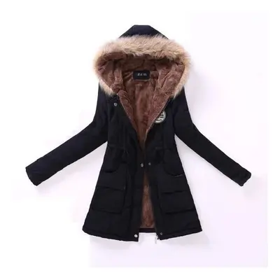 (Black, 2XL) Warm Fur Collar Hooded Jacket Slim Parka Outwear