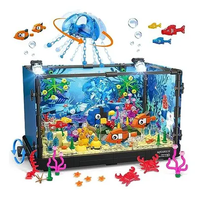 HOGOKIDS Fish Tank Building Set with LED Light - 725PCS Aquarium with Movable Jellyfish Fish Bui