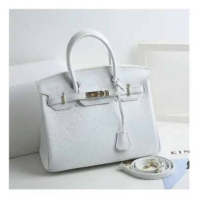 (Pure white, 35*26*19cm) Ladies Women Leather Handbag Birkin First Layer Cowhide Leather Tote Ba