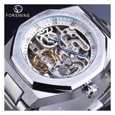 (white) Forsining Casual Automatic Watch 3D Diamond Skeleton Hollow Mens Wristwatches Luminous M