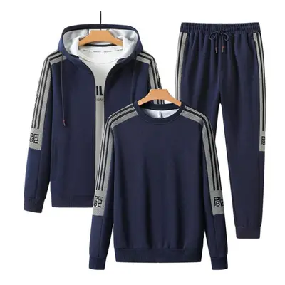 (navy blue, 3XL) Men&apos;s Autumn Hoodies Sets O Neck Hoodie +cardigan Hoodies+long Pants 3pcs 