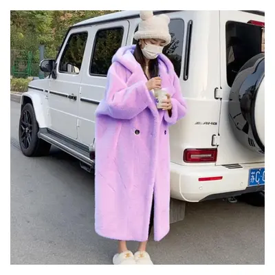 (light purple, L) Oversized Faux Fur Coat Women Winter Long Plush Jacket Fluffy Overcoat Female 