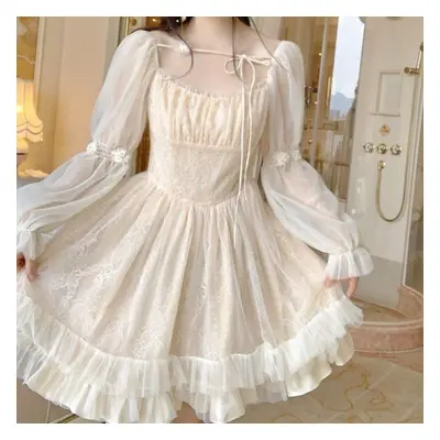 (beige, M) Summer A-line Ruffles Mesh Dress Women Korean Sweet Apricot Women Mini Dress Square C