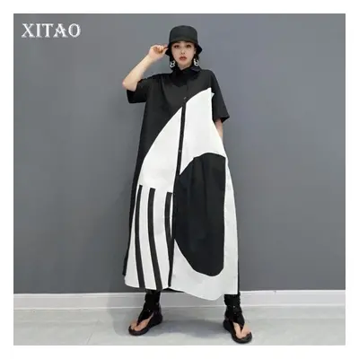 (black, One Size) Xitao Print Turn-down Collar Dress Wmd0855