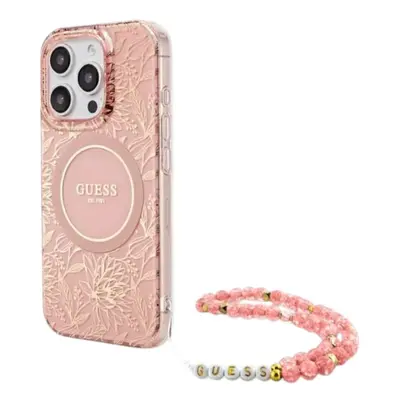 Guess IML Flowers Allover Electro and Pearl Strap Case with MagSafe for iPhone Pro 6.3" Pink - G