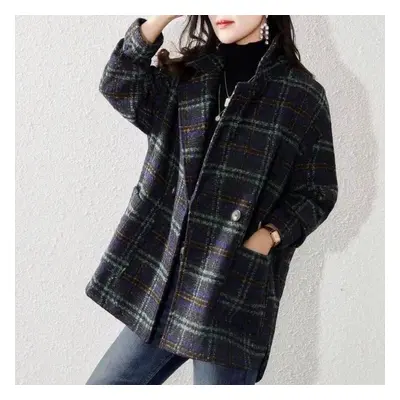 (blue, XL) Winter Women Korean Loose Wool Clothes Plaid Wide-waisted Formal Cashmere Coat And Ja