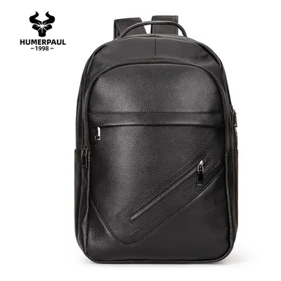 (Black) HUMERPAUL Genuine leather High-end backpack large-capacity multi-function computer bag f