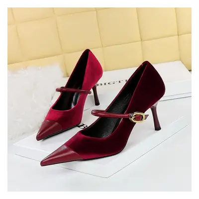 (wine red, 39) Banquet High Heels, Thin Heels, Shallow Mouth, Pointed Velvet Patchwork, Pointed 