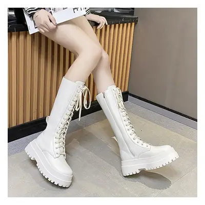 (white, 39) Chunky Platform Punk Boots Women Thick Bottom Knee High Boots Woman Autumn Winter Fa