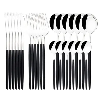 (black,silver, 24PCS) Luxury 24pcs Rose Gold Dinnerware Set Knife Fork Spoon Cutlery Set With Gi