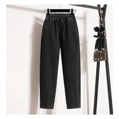 (black, L) Plus Size Women Jeans Pants High Waist Loose Denim Female Elastic Waist Spring Basic 