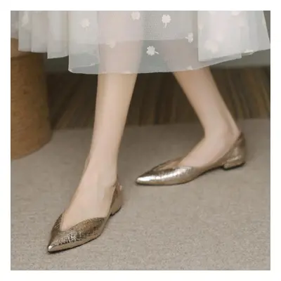 (gold, 38) Luxury Temperament Women Shoe Summer New French Pointed Leather Shoe Simple Comfortab