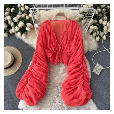 (red, One Size) Women Sexy Chiffon Short Blouse Female See Through Super Long Sleeve Blusas Part