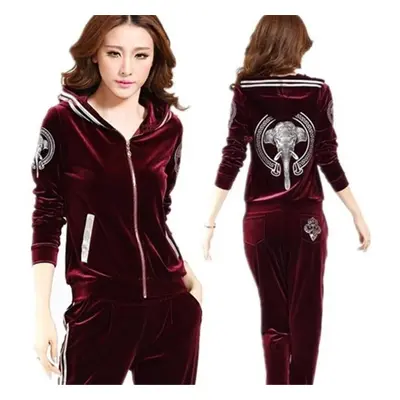 (wine red, XXXL) Women Velvet Tracksuits Spring Hooded Jacket+trousers Two Sets Velvet Sportswea