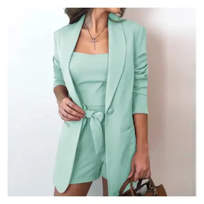 (green, L) Tbeeeestt Women Pieces Set Tracksuit Loose Blazer & Bow Elastic Waist Short Pant Vest