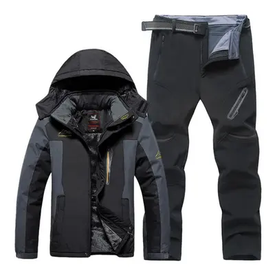 (black, XXXXL) Large Size Men&apos;s Autumn And Winter Waterproof Jackets And Pants Sets Fleece 