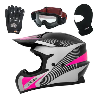 (Pink, L) ZORAX X305 Adult MX Motocross Dual Sport Helmet + Gloves + Goggles + Balaclava