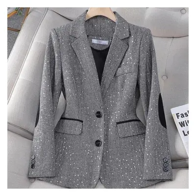 (gray, L) Autumn Retro Splice Plaid Sequins Blazers Coat For Women Brown Elegant Business Vintag