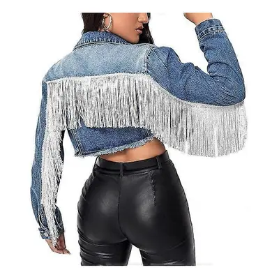 (L, Dark Blue) Women's Raw Hem Ripped Fringe Long Sleeve Crop Denim Jacket